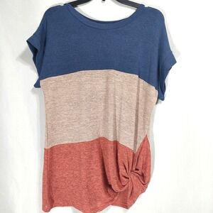 She+Sky Popover Tee Womens Medium Colorblock Knit Lightweight Cap Sleeves Knot